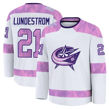 Men's Isac Lundestrom Columbus Blue Jackets ＃21 Premium White 2024 Hockey Fights Cancer Practice Jersey