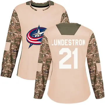 Women's Isac Lundestrom Columbus Blue Jackets ＃21 Authentic Camo Veterans Day Practice Jersey